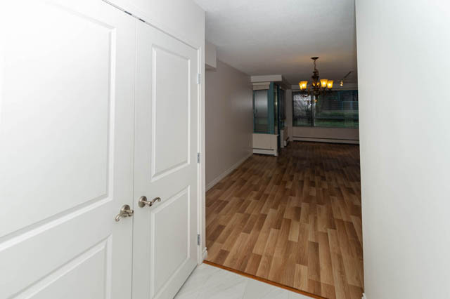 Furnished hallway with white doors and hardwood floors leading to a living area with a chandelier and city view.