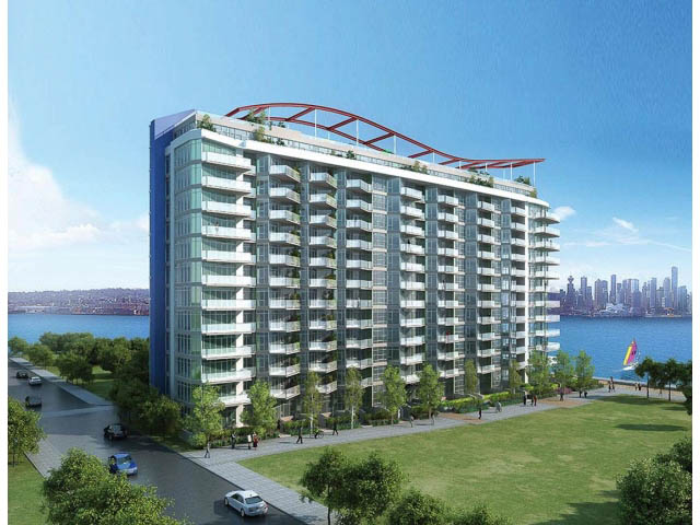 Furnished 1-bedroom + den with city view and balcony access. - 1008-199 Victory Ship Way, North Vancouver