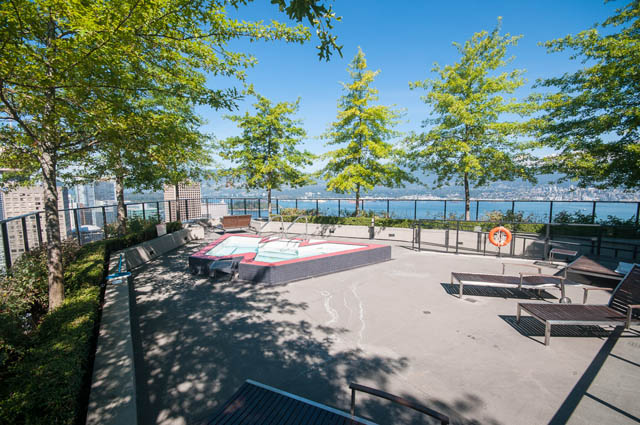 Furnished patio with city view and outdoor seating. - 3806 - 128 Cordova St W, Vancouver Downtown