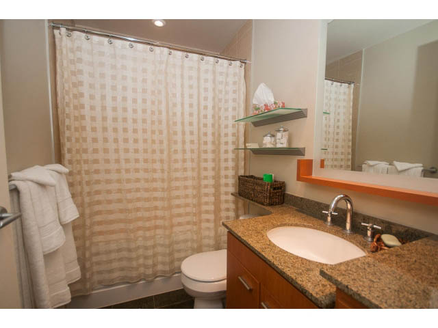 Furnished bathroom with granite countertops and a checkered shower curtain. - 3206 - 455 Beach Crescent, Vancouver Downtown
