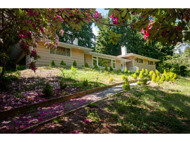 Bright living room with wooden floors and lush garden view. - 315 Stevens Dr, West Vancouver