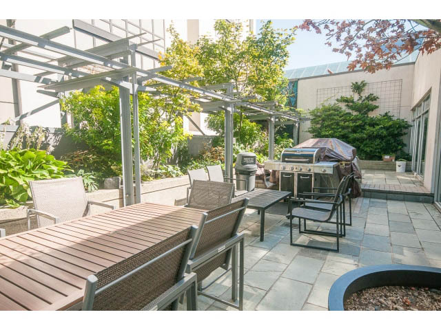 Furnished patio with outdoor seating, grill, and fire pit. - 1213 - 989 Nelson, Vancouver Downtown