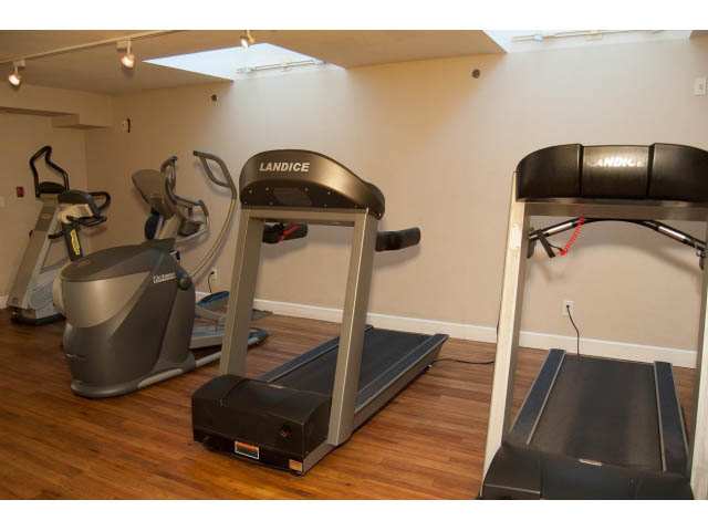 Bright gym with hardwood floors, treadmills and exercise equipment. - 202 - 3629 Deercrest, North Vancouver
