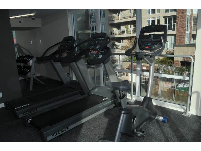 Bright fitness room with treadmills and city view. - 805 - 1009 Harwood Street, Vancouver Downtown