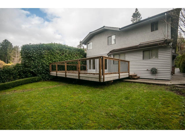 Spacious deck with wooden railings and lush greenery. - 4428 Marine Drive, West Vancouver
