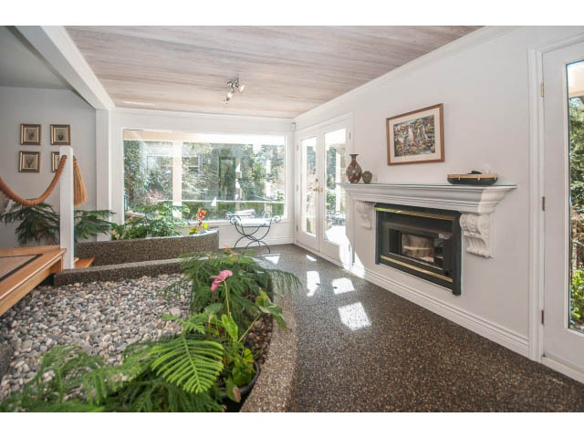 Bright kitchen with granite countertops and a view of lush greenery. - 3855 Bayridge Ave, West Vancouver
