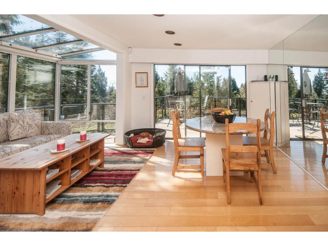 Bright living room with hardwood floors, large windows, and a cozy sofa. - 3855 Bayridge Ave, West Vancouver