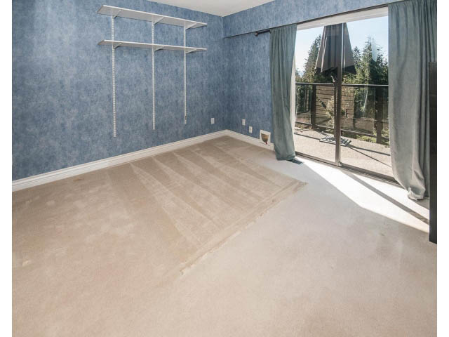 Den with blue walls, carpeted floor, and sliding glass door leading to outdoor patio. - 3855 Bayridge Ave, West Vancouver