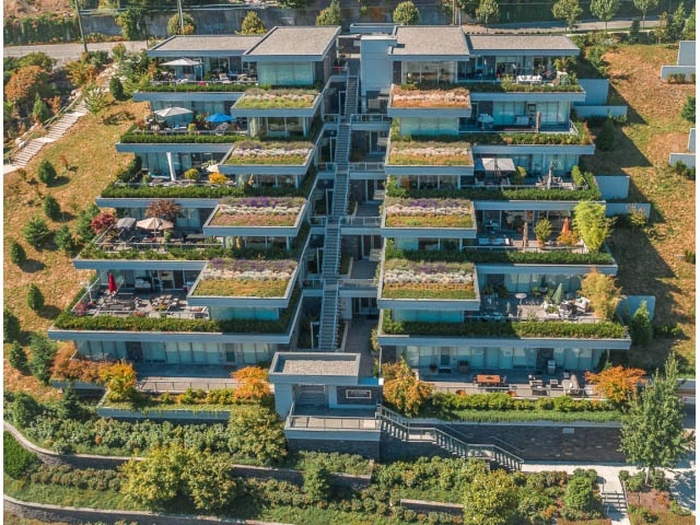 Furnished 2-bedroom + den with green roof terraces and outdoor seating. - 204 - 788 Arthur Erickson Pl, West Vancouver
