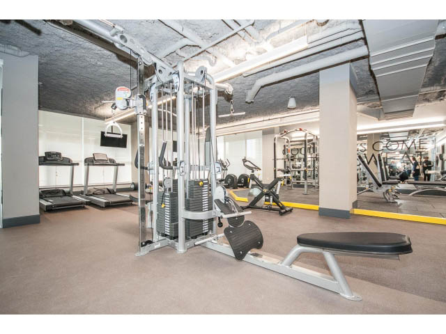 Spacious gym with cardio machines and weight equipment. - 204 - 788 Arthur Erickson Pl, West Vancouver