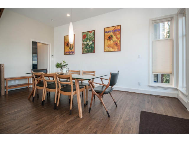 Furnished dining area with hardwood floors, modern chairs, and Van Gogh posters on the wall. - 3131 Collingwood St, Vancouver West Side