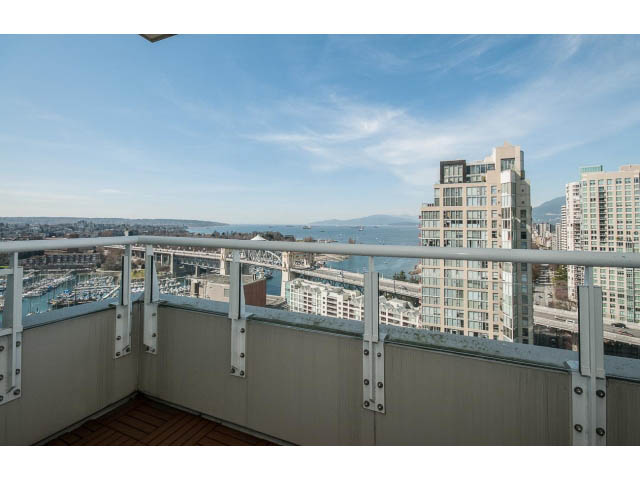Furnished balcony with city view and wooden flooring. - 2404 - 1500 Hornby St, Vancouver Downtown