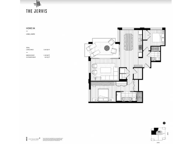 Furnished living room with hardwood floors and a cozy seating area. - 804 - 1171 Jervis St, Vancouver Downtown