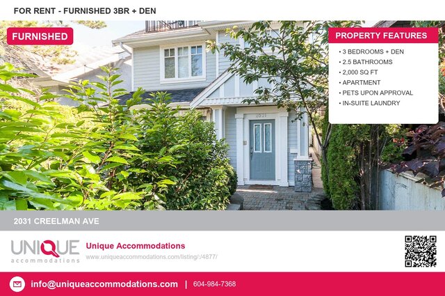 Furnished 3-bedroom + den apartment with hardwood floors and a cozy living room. - 2031 Creelman Ave, Vancouver West Side