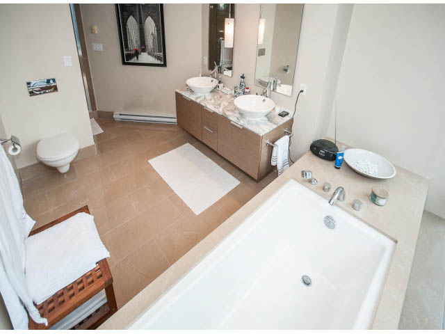 Furnished bathroom with marble countertops and a modern sink. - 1902 - 1111 Alberni Street, Vancouver Downtown