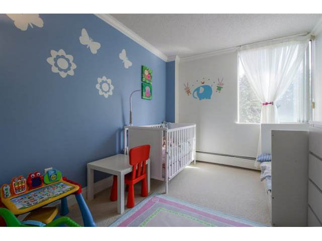 Bright child's room with blue walls, butterfly decals, and a play table. - 309 - 2008 Fullerton Avenue, North Vancouver