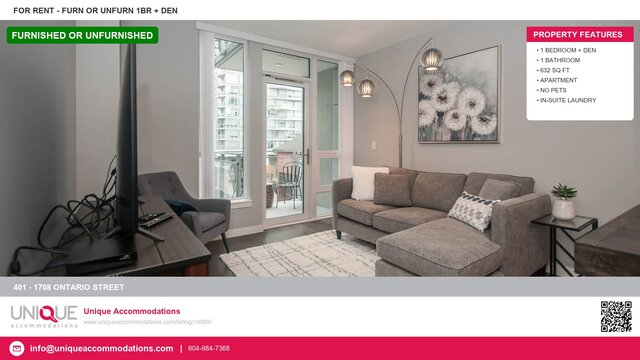 Furnished living room with modern sofa, large windows, and city view. - 401 - 1708 Ontario Street, Vancouver West Side