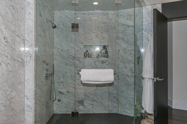 Spacious bathroom with marble countertops and glass shower. - 601 - 1560 Homer Mews, Vancouver Downtown