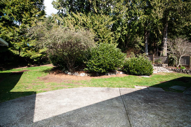 Spacious backyard with lush greenery and stone patio. - 4037 Ripple Road, West Vancouver