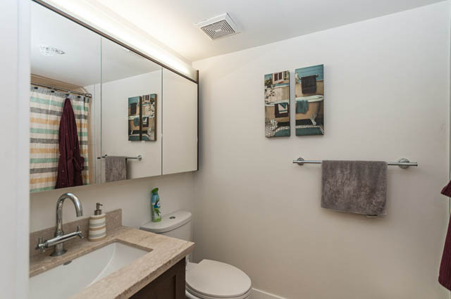 Spacious bathroom with a modern vanity, framed artwork, and a cozy towel bar. - 1607 - 888 Homer St, Vancouver Downtown