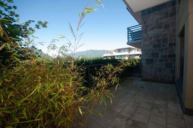 The balcony features a stone wall, greenery, a railing, and a mountain view. - 203 -2785 Library Lane, North Vancouver