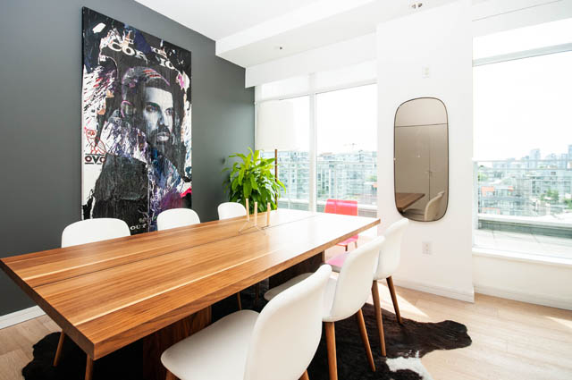 Furnished dining area with modern decor, hardwood floors, and city view. - 1101 - 1661 Ontario Street, Vancouver West Side