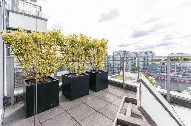 Furnished balcony with hanging plants and city view. - 1101 - 1661 Ontario Street, Vancouver West Side