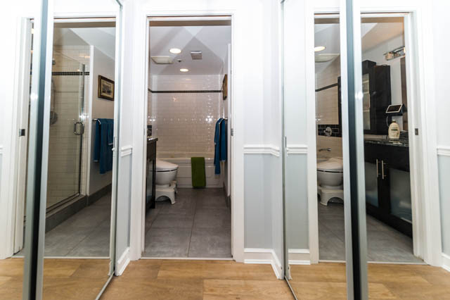 Spacious bathroom with modern subway tiles, a walk-in shower, and a sleek vanity. - 409 - 1500 Hornby Street, Vancouver Downtown