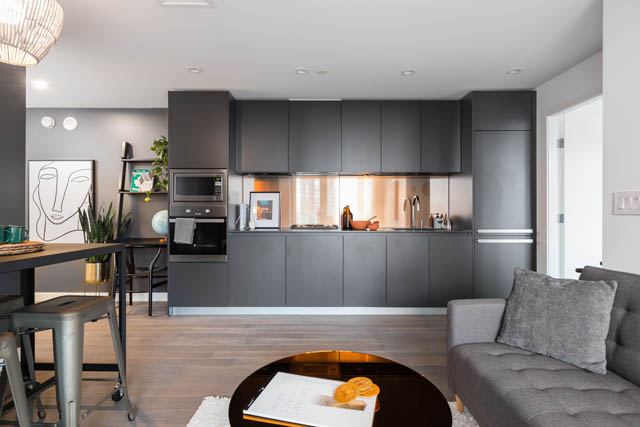 Furnished 1-bedroom condo with dark gray cabinets, modern appliances, and a cozy living area. - 1901 - 1480 Howe St, Vancouver Downtown