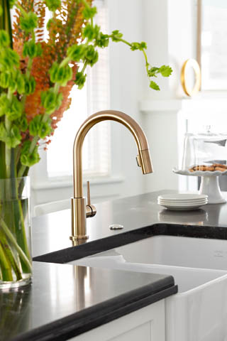 Bright kitchen with black countertops and gold faucet, modern design. - 201 - 1785 W 16th Avenue, Vancouver West Side