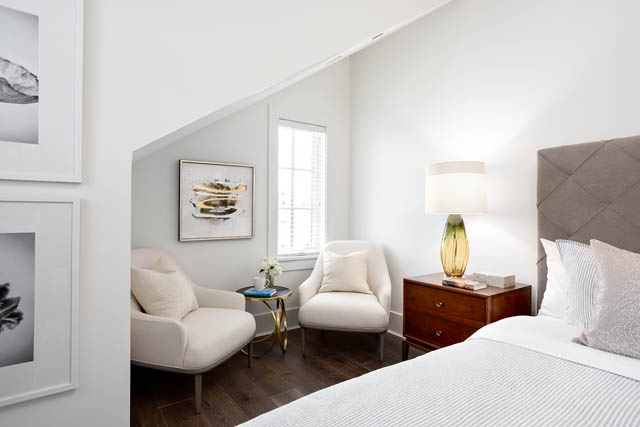 Furnished bedroom with a cozy bed, white walls, and a modern nightstand. - 201 - 1785 W 16th Avenue, Vancouver West Side