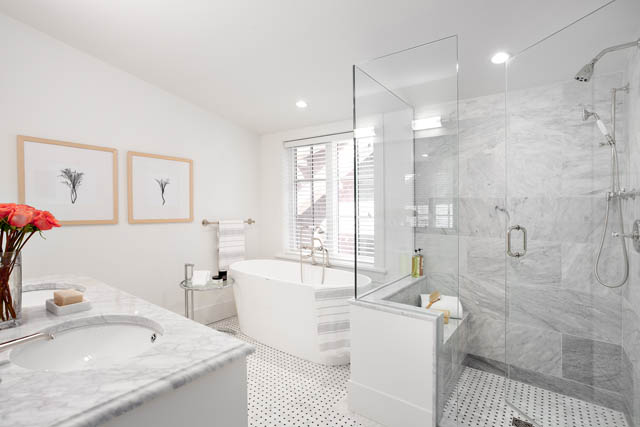 Spacious bathroom with marble countertops and a walk-in shower. - 201 - 1785 W 16th Avenue, Vancouver West Side