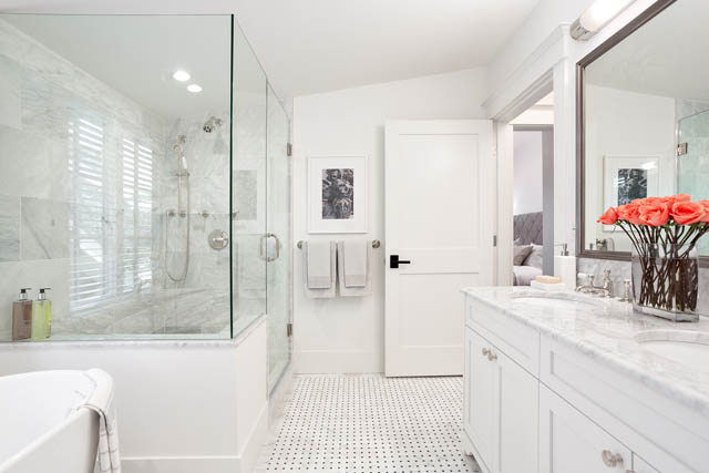 Spacious bathroom with marble countertops and glass shower. - 201 - 1785 W 16th Avenue, Vancouver West Side