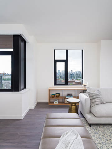Bright living room with hardwood floors and city view. - 805 -  210 E 5th Avenue, Vancouver East Side