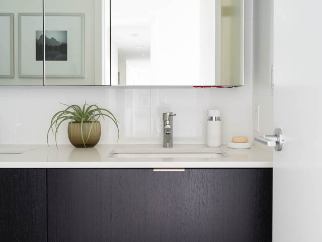 Bright kitchen with modern white countertops and dark wood cabinets, featuring a potted plant on the counter.