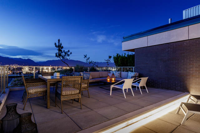 Furnished penthouse with a cozy outdoor patio, city view, and modern furniture. - 805 -  210 E 5th Avenue, Vancouver East Side