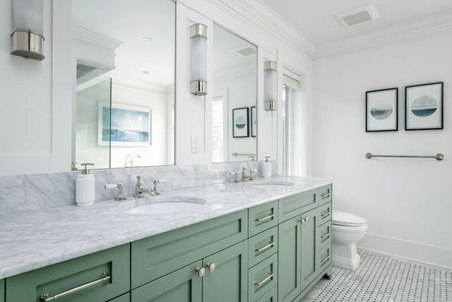 Bright bathroom with mint green cabinets and white marble countertops. - 200 - 1775 W 16th Avenue, Vancouver West Side