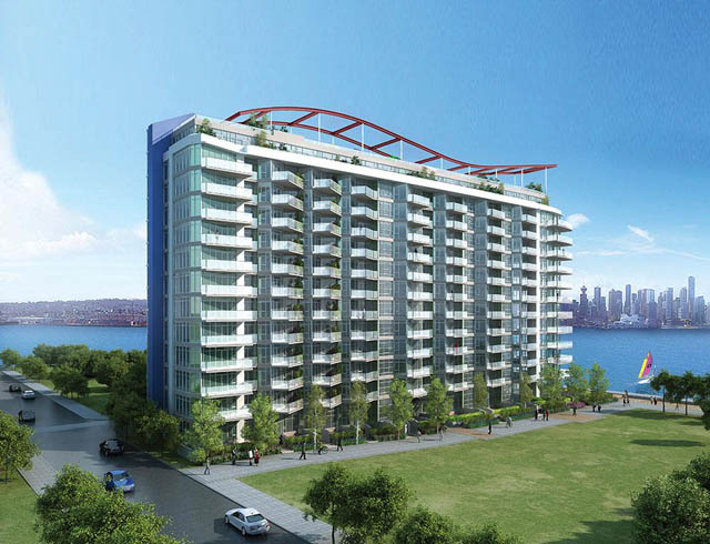 Furnished 1-bedroom condo with balcony and city view. - 105 - 199 Victory Ship Way, North Vancouver