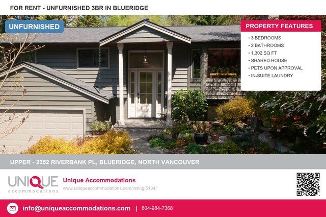 Spacious 3-bedroom shared house with hardwood floors and a cozy living room. - Upper - 2352 Riverbank Pl, North Vancouver