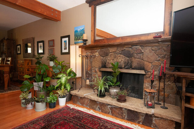 Cozy living room with stone fireplace, hardwood floors, and lush indoor plants. - Upper - 2352 Riverbank Pl, North Vancouver