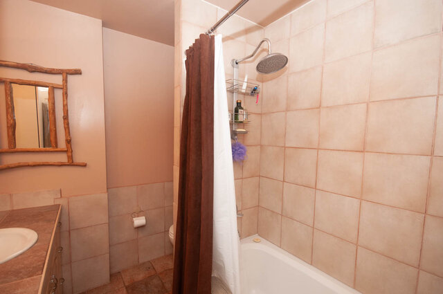 Shared bathroom with a bathtub, shower, and wooden mirror frame. - Upper - 2352 Riverbank Pl, North Vancouver