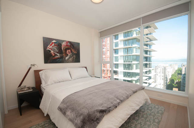 Bright bedroom with city view and modern furnishings. - 3301 - 1351 Continental Street, Vancouver Downtown