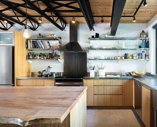 Bright kitchen with wooden countertops and open shelving, showcasing a modern industrial design. - Address WITHHELD, North Vancouver