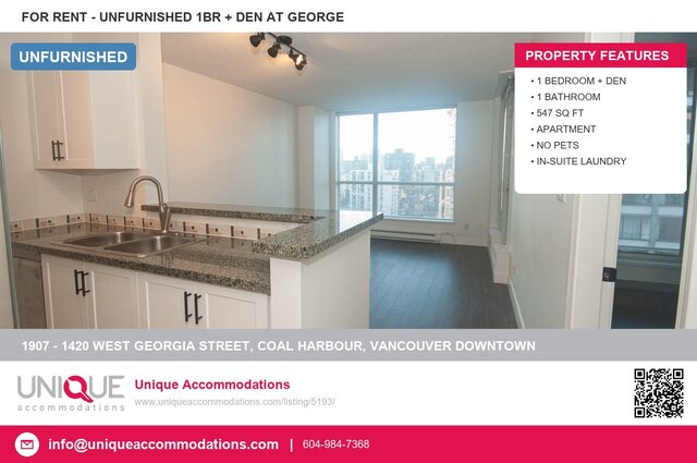 Modern kitchen with granite countertops, hardwood floors, and a city view. - 1907 - 1420 West Georgia Street, Vancouver Downtown