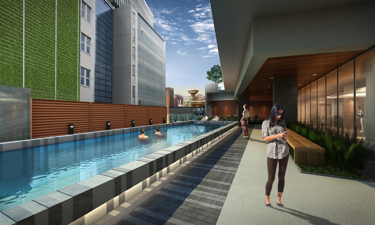 Bright rooftop pool with city skyline view, modern architecture, and wooden accents. - 4502 - 777 Richards St, Vancouver Downtown