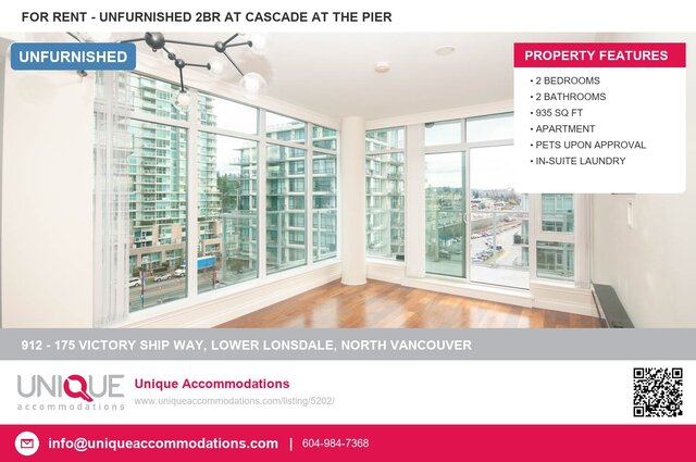 Spacious 2-bedroom condo with hardwood floors and a stunning city view. - 912 - 175 Victory Ship Way, North Vancouver