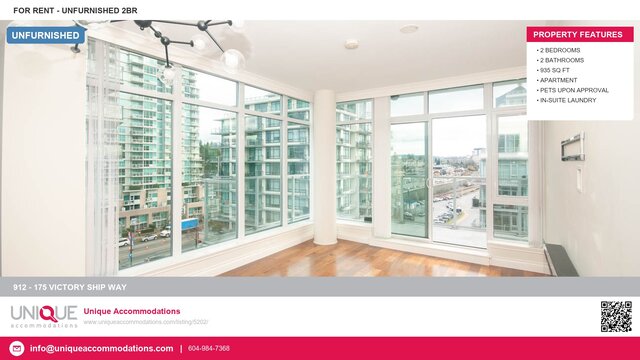 Spacious 2-bedroom condo with hardwood floors and stunning city views. - 912 - 175 Victory Ship Way, North Vancouver