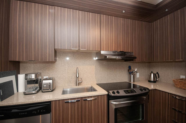 Bright kitchen with wooden cabinets, granite countertops, and stainless steel appliances. - 211 - 733 West 14th, North Vancouver