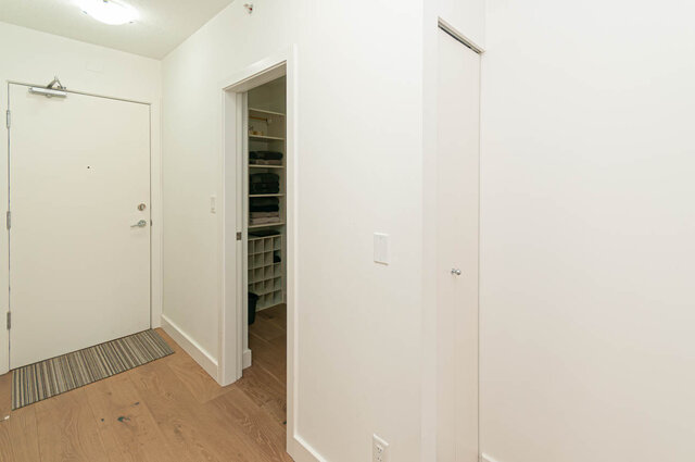 The hallway features hardwood floors, a striped rug in front of the entrance door, and an open shelved closet.
