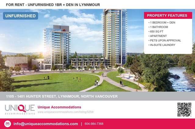 Spacious 1-bedroom + den condo with modern decor and city views. - 1105 - 1401 Hunter Street, North Vancouver